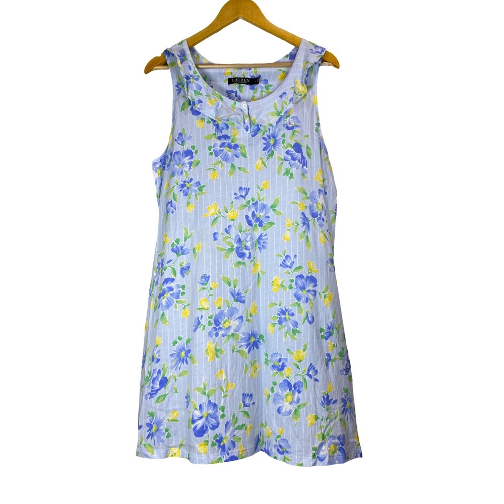 Lauren Ralph Lauren Blue Floral Striped Ruffle Collar Sleep Dress Nightgown L